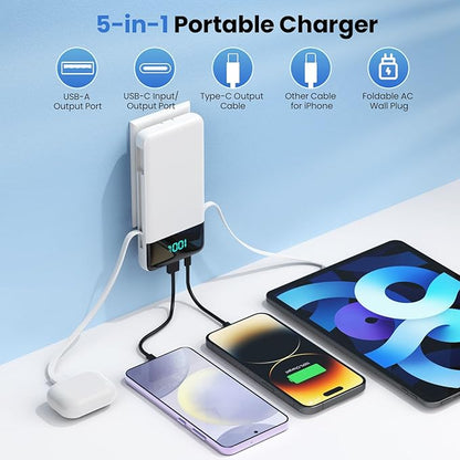Portable Charger for iPhone with Built in Cables and Wall Plug,Upgraded 13800mAh Fast Charging USB C Power Bank,4 Outputs Travel Essential Battery Pack Compatible with iPhone 17/16/15,Samsung-White