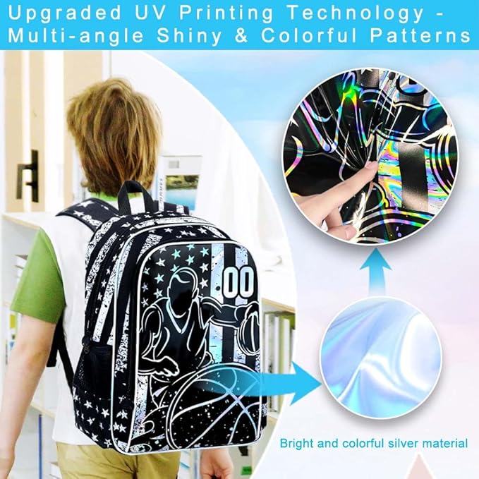 WZLVO 3PCS Basketball Backpack for Boys, 17" Cool UV Printing Kids Bookbag/School Bag with Lunch Box & Pencil Bag for Elementary to Middle - Star-Spangled Basketball
