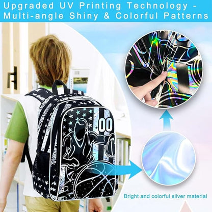 WZLVO 3PCS Basketball Backpack for Boys, 17" Cool UV Printing Kids Bookbag/School Bag with Lunch Box & Pencil Bag for Elementary to Middle - Star-Spangled Basketball