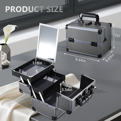 Joligrace Makeup Train Case Makeup Case Organizer Portable Cosmetic Box Storage with 2 Trays Mirror Locking with Keys Make Up Travel Case Nail Kits Traveling Makeup Box Iron Grey