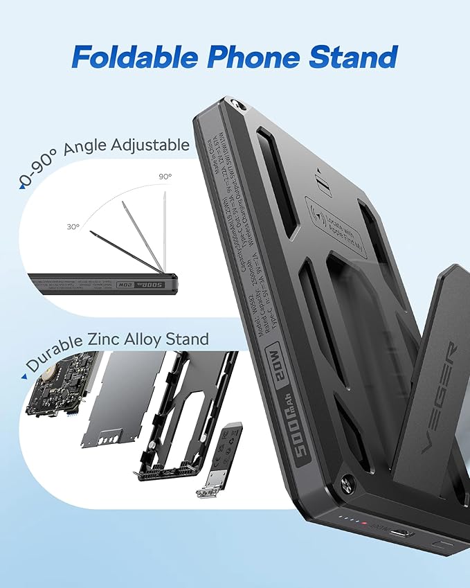 VEGER Portable Charger, Magnetic Power Bank with Phone Stand, Card Slot RFID Blocking, Global Tracking, 20W USB-C Fast Charging Powerbank, 15W Wireless Battery Pack for iPhone17/16/15/14/13/12 Black