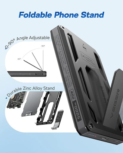 VEGER Portable Charger, Magnetic Power Bank with Phone Stand, Card Slot RFID Blocking, Global Tracking, 20W USB-C Fast Charging Powerbank, 15W Wireless Battery Pack for iPhone17/16/15/14/13/12 Black