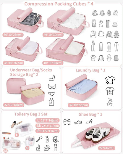 Compression Packing Cubes - 11 Set Suitcase Organizers, Expandable Packing Cubes, Pink Travel Essentials