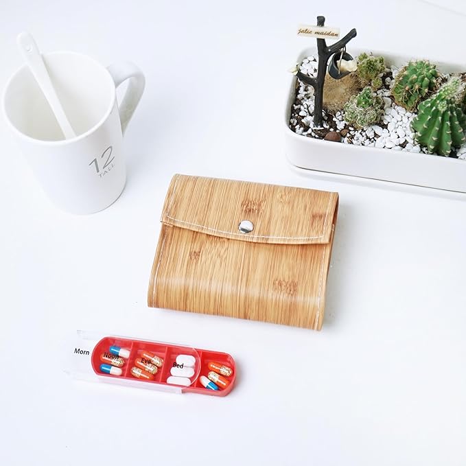 Pill Organizer,LIZIMANDU Weekly Travel Pill Case Box Medication Reminder Daily AM PM, Day Night 7 Compartments,for 4 Times A Day, 7 Days a Week-Includes Leather PU Carrying Case(1-Wood-Beige)