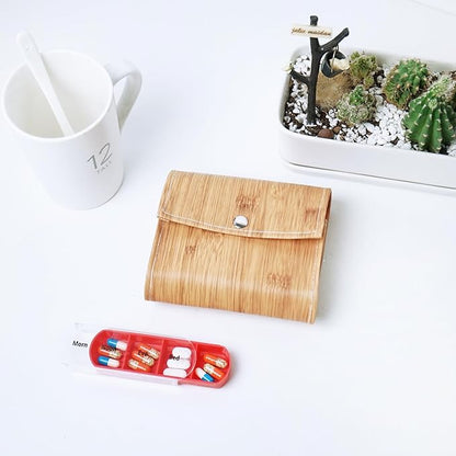 Pill Organizer,LIZIMANDU Weekly Travel Pill Case Box Medication Reminder Daily AM PM, Day Night 7 Compartments,for 4 Times A Day, 7 Days a Week-Includes Leather PU Carrying Case(1-Wood-Beige)