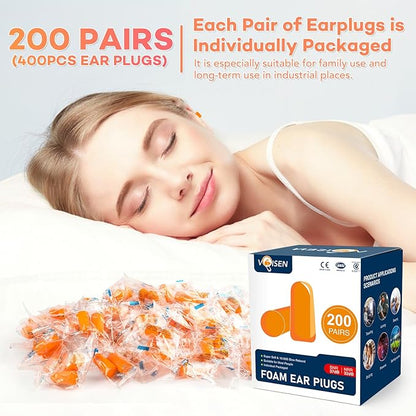 VOISEN Ear Plugs,200 Pairs EarPlugs for Sleeping,32dB NRR 37dB SNR Ear Plug Noise Cancelling for Snoring, Studying, Loud Events, Traveling & Concerts, Individual Package