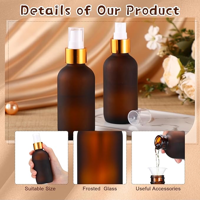 Fumete 36 Pcs Glass Spray Bottles 4oz Fine Mist Glass Spray Bottle Refillable Liquid Containers with 6 Labels 6 Funnel for Hair Travel Plants Cleaning Solutions Skin Care(Amber,Frosted)