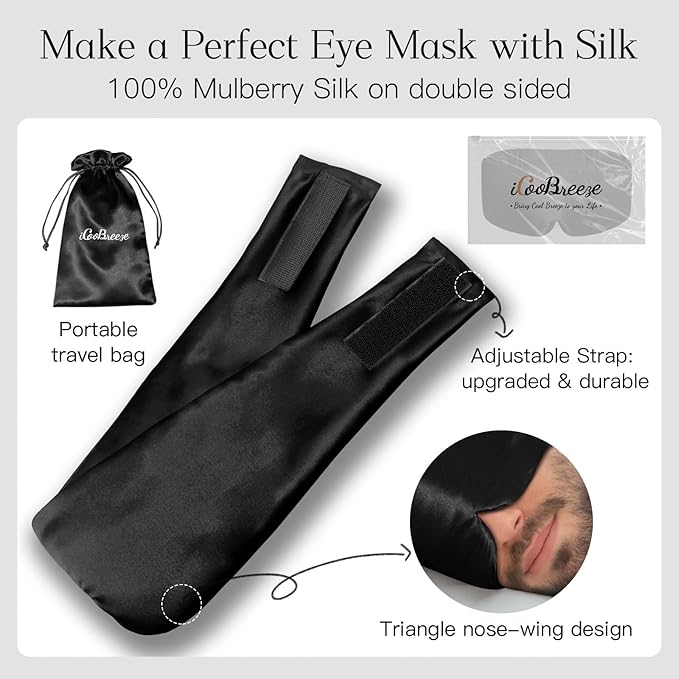 100% Natural Silk Eye Mask for Women Men, Soft Pressureless Cooling Blackout Eye Covers for Sleeping, Large Size Sleep Mask fits All Heads Adjustable, 1PC, Black