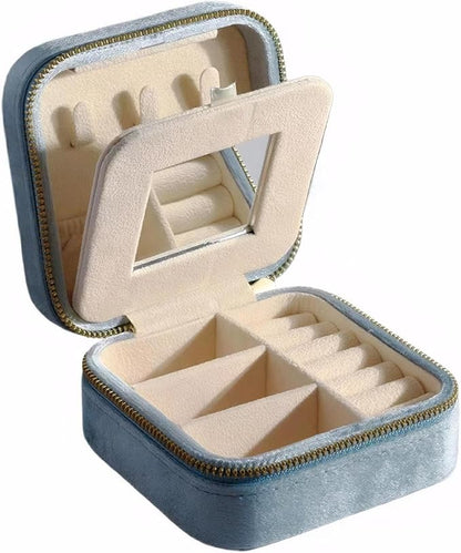 Velvet Jewelry Box, Small Travel Jewelry Organizer, Portable Jewelry Case for Women with Mirror, Sky Blue Mini Plush Travel Box