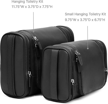 Leatherology Premium Ebony Small Hanging Toiletry Kit – Compact Leather Travel Organizer with Interior Zip Pockets, Mesh Pouches & Hanger | Full-Grain Leather Toiletry Bag for Men & Women