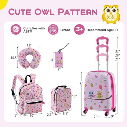 KOTEK Kids Luggage, 5 Piece Suitcase Set, 16” Hardside Spinner Luggage with Wheels, Toddler Carry on Luggage Airline Approved, Travel Rolling Suitcase for Boys Girls (Pink Owl)