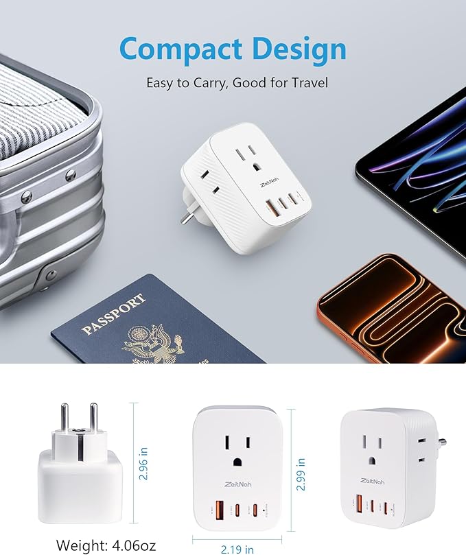 2 Pack European Travel Plug Adapter, Type E/F Plug Adapter with 30W GaN Fast Charger, 3 AC Outlets, 2 USB-C & 1 USB-A Ports, Power Adapter for France, Germany, Spain, South Korea & More
