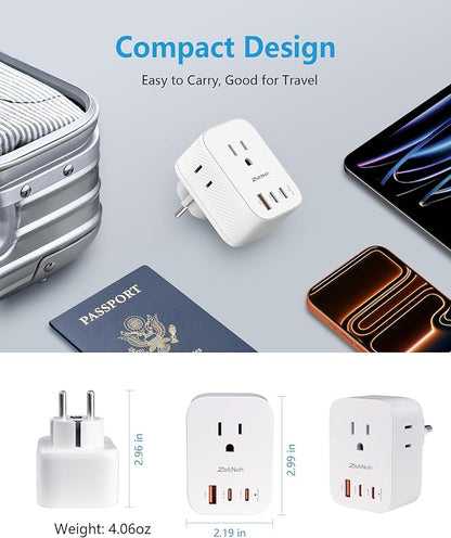 2 Pack European Travel Plug Adapter, Type E/F Plug Adapter with 30W GaN Fast Charger, 3 AC Outlets, 2 USB-C & 1 USB-A Ports, Power Adapter for France, Germany, Spain, South Korea & More