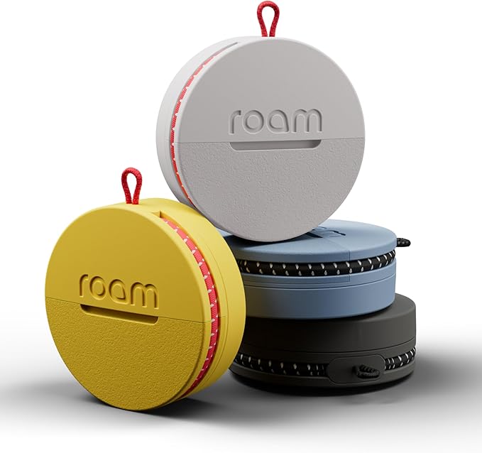 Roam Smart Tracker | Smart Bluetooth Item Finder Compatible with iOS & Android | Built-in Elastic Strap, QR Lost & Found | Replaceable Battery | No Subscription | 4-Pack, Black, Blue, Yellow & Gray