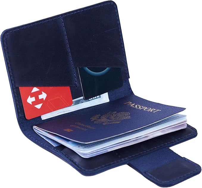 Blue Leather Passport Holder with AirTag Slot - Travel Passport Wallet Compatible with Airtag Passports Case with Card Slots & Note Compartment, Magnetic Closure, Genuine Leather, Vintage Blue