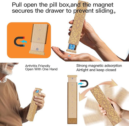 Wooden Pill Organizer, 7 Day Pill Box, Travel Pill Box, Wooden Pill Case Privacy Protection Perfect for Medication, Vitamins, Fish Oils, Supplements (Plus Beech)