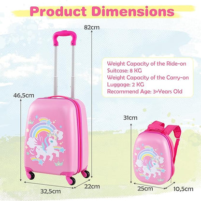 KOTEK Kids Carry On Luggage Set, 16" Hardside Rolling Suitcase with Spinner Wheels, Travel Rolling Luggage for Boys Girls (Rose Unicorn)