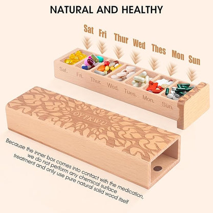 Wooden Weekly Pill Organizer 1 time a Day -Daily Pill Box, Travel-Friendly, Safe Travel 7 Day Pill Organizer, Perfect for Tracking Weekly Medication Pill Case (Beech)
