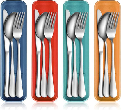 Yinkin 4 Pack Portable Travel Utensils Set with Case Reusable Stainless Steel Silverware Flatware Camping Cutlery Include Fork Spoon Knife for Work School Dishwasher Safe(Mixed Color)
