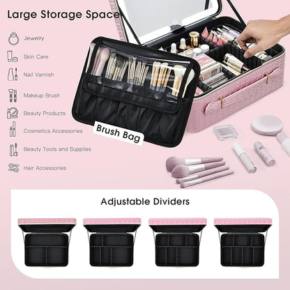 Leather Makeup Case with LED Lighted Mirror 11.4 Inch Travel Makeup Bag Adjustable Brightness in 3 Colors Cosmetic Organizer Artist Storage Bag with Dividers Brush Holder Bag Vanity Shiny Pink