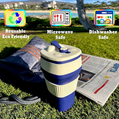 Collapsible Silicone Cup, Safe & Portable, for Hot & Cold Drinks, 18.6 oz (550 ml) - Travel, Camping, Office, and More – Navy Blue