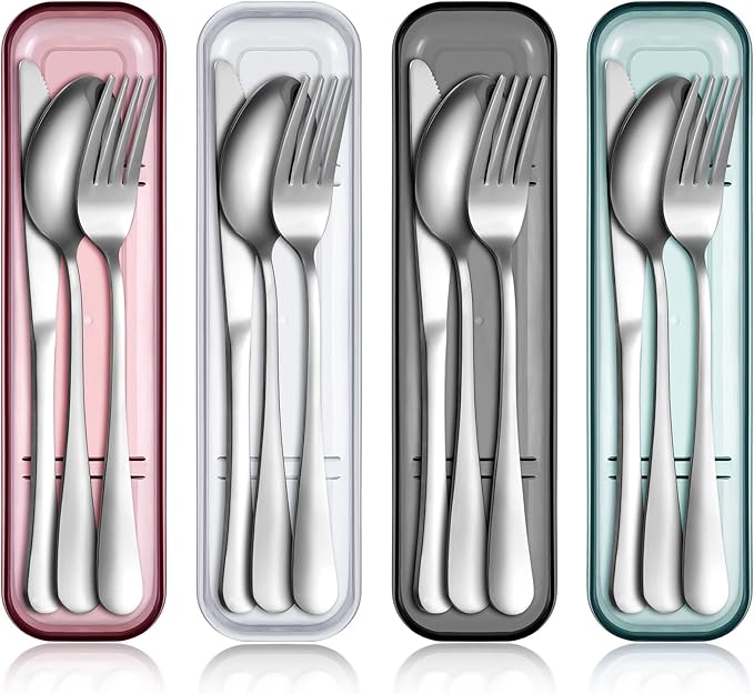Yinkin 4 Pack Portable Travel Utensils Set with Case Reusable Stainless Steel Silverware Flatware Camping Cutlery Include Fork Spoon Knife for Work School Dishwasher Safe(White, Green, Red, Black)