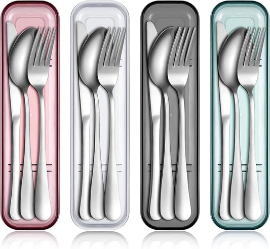Yinkin 4 Pack Portable Travel Utensils Set with Case Reusable Stainless Steel Silverware Flatware Camping Cutlery Include Fork Spoon Knife for Work School Dishwasher Safe(White, Green, Red, Black)