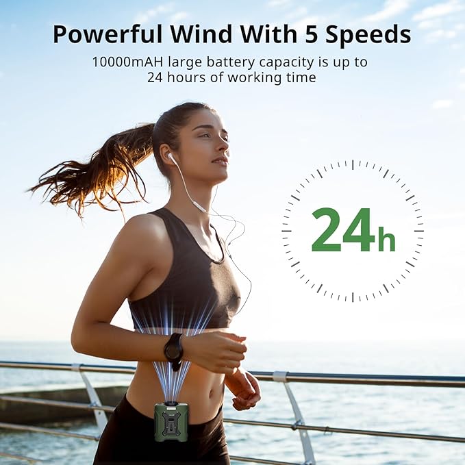 Portable Waist Fan 10000mAh Portable Waist Fan 18000RPM Neck Fan With Max 12H Working Time 5 Speeds adjustment with LED flashlight and Charging display Cooling for Outdoor Jobsite and etc(Green)