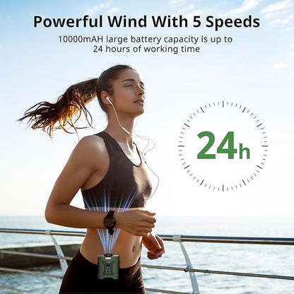 Portable Waist Fan 10000mAh Portable Waist Fan 18000RPM Neck Fan With Max 12H Working Time 5 Speeds adjustment with LED flashlight and Charging display Cooling for Outdoor Jobsite and etc(Green)