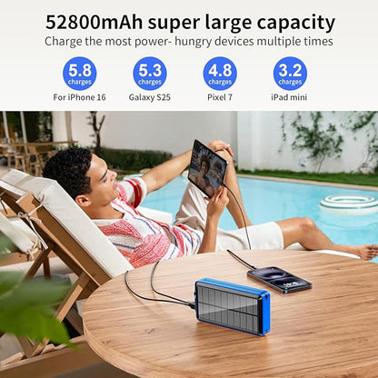 Solar Power Bank 52800mAh 5V/3A Fast Charging Battery Pack with Built in 4 Cables 2 Outputs & LED Flashlight for Cell Phone Camping and Hiking