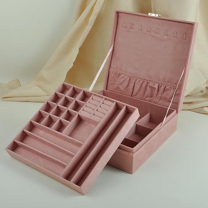 Jewelry Boxes 10 x 10 Inches 2-layer Handle Necklace Holder Organizer Jewellery Women Rings Storage Display Girls Earrings Case Lockable Jewelry Tray GY641 (Pink)