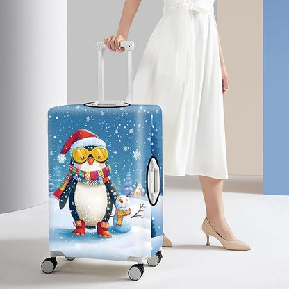 Christmas Penguin Luggage Cover – Cute Winter Penguin Suitcase Protector, Holiday Travel Luggage Sleeve, Stretchable & Waterproof, M