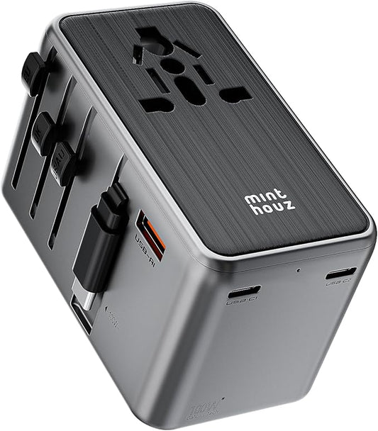 Minthouz Universal Travel Adapter, International 100W Power Adapter GaN Fast Charger with 2 USB-C PD, 1 USB-C Cable &A Ports, All-in-One Portable AC Power Plug Adapter for USA EU UK AUS
