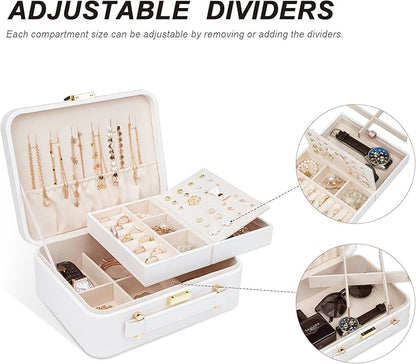 White Jewelry Box - Large Travel Jewelry Case Organizer, 2 Layer Holder, Women's Watch Case