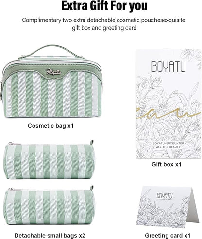 BOYATU Travel Makeup Bag for Women: Large Cosmetic Bag Set of 3 - PU Leather Make up Bag with Compartments - Compact Waterproof Toiletry Bag with Divider & Handle (B-3-Green)
