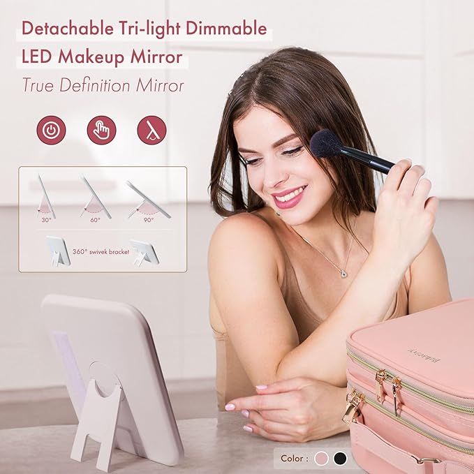 Travel Makeup Bag with LED Mirror Double Layer, Detachable Vanity Mirror with Lights, Tri-light Dimmable, Makeup Case with Adjustable Dividers and Brush Holder Cosmetic Organizer Storage Box