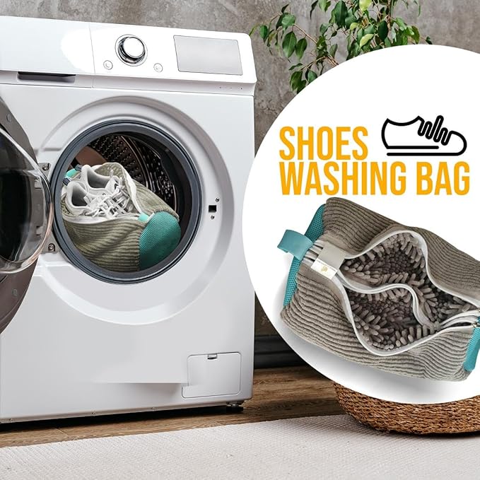 Double Shoe Washing Bag for Washing Machine, Grey, Polyester, 360 All-Round Cleaning, 2 Pack, 2 Pairs of Shoes Simultaneously, Zipper Closure
