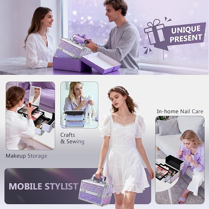 Joligrace Makeup Train Case Makeup Case Organizer Portable Cosmetic Box Storage with 2 Trays Mirror Locking with Keys Make Up Travel Case Nail Kits Traveling Makeup Box Shiny Purple