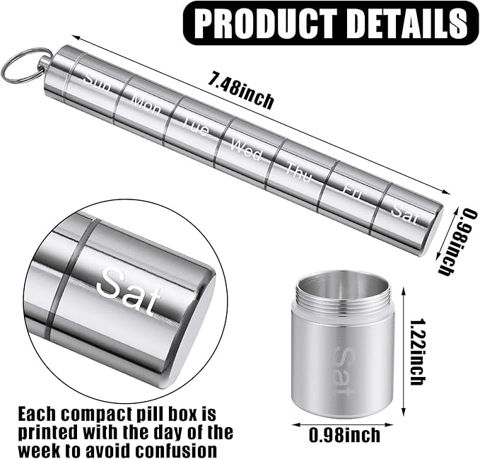 Vesici 2 Pack Metal Weekly Pill Organizer Travel Pill Container with Keychain 7 Day Weekly Waterproof Small Capsules Holder Case Box Stackable for Women Men Travel Outdoor(Black, Silver)