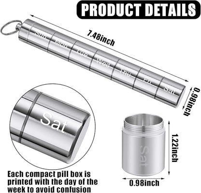 Vesici 2 Pack Metal Weekly Pill Organizer Travel Pill Container with Keychain 7 Day Weekly Waterproof Small Capsules Holder Case Box Stackable for Women Men Travel Outdoor(Black, Silver)
