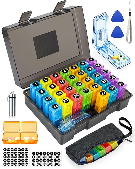 Monthly Pill Organizer 2 Times a Day, FRIWOLE Medicine Box with Portable Weekly Pill Bag, Keychain Pill Case, Pill Cutter and 2 Sticker (Black, 2 Times a Day)