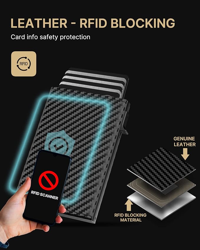 typecase Mens Wallet Card Holder: Pop Up Aluminum Case, Genuine Leather, Smart, RFID Blocking, Slim, Minimalist, Front Pocket - 9-14 Card Capacity | ID Window | Cash Slot (Carbon Fiber)