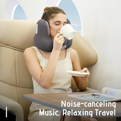 Travel Neck Pillow with Bluetooth Headset, Memory Foam Airplane Pillow for Head Support, Ergonomic Design Traveling Music Pillow for Home, Flight, Car with Adjustable Buckle and Drawstring Bag(Grey)