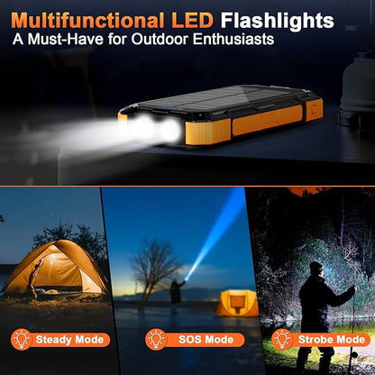 WONGKUO Solar Charger Power Bank - 49800mAh Solar Phone Charger with USB-C in/Output, QC 3.0 Fast Charging with LED Flashlight, Built-in 4 Cables, IP65 Waterproof Fits for Outdoor (Matte Orange)