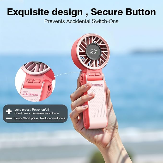 Portable Handheld Fan, 4000mAh Rechargeable, 6 Speed Settings, LCD Display, 3-in-1 Foldable Mini Desk Fan with Lanyard (Pink)