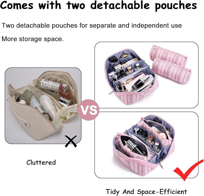 BOYATU Travel Makeup Bag for Women: Large Capacity Open Flat Make up Bag Set of 3 - Vegan Leather Cosmetic Bag with Compartments - Waterproof Toiletry Bag with Handle & Divider(I-1-Pink)