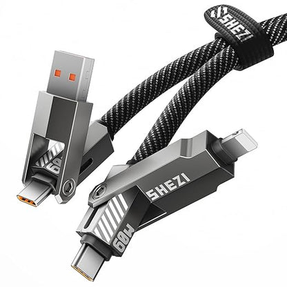 SHEZI Nylon Braided 4 in 1 USB C Cable 60W 5FT Compatible with Lightning Cable, Fast Charging for iPhone/iPad Charger Cord [480Mbps Data Sync],Multi Charging Cable with Type C/USB A, Grey