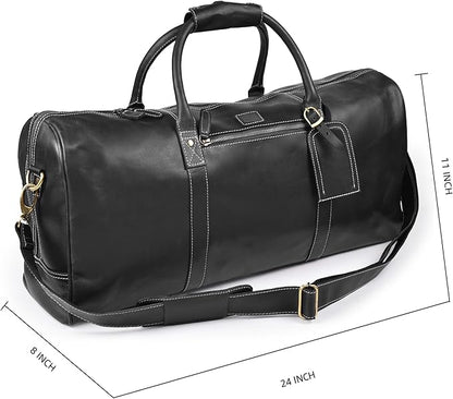 Leather Village Premium Leather Duffel Bags for Men & Women-Stylish Travel Weekender Carry-On Sports Gym Overnight Luggage Bag - 24 Inch - Black