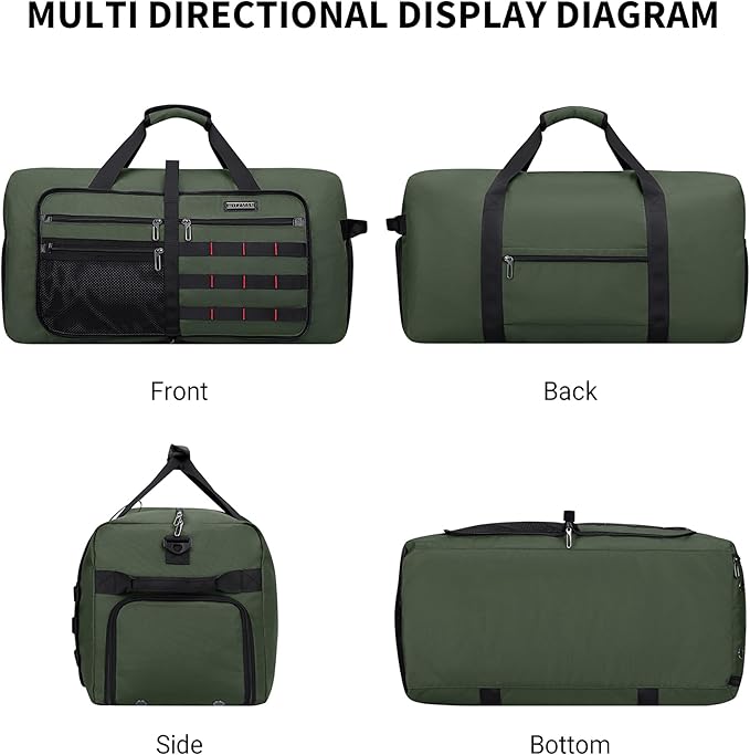 WITZMAN Foldable Duffle Bag for Travel 65L Lightweight Packable Duffel Bag with Shoes Compartment Overnight Bag for Men Women (B697 Classic Green)