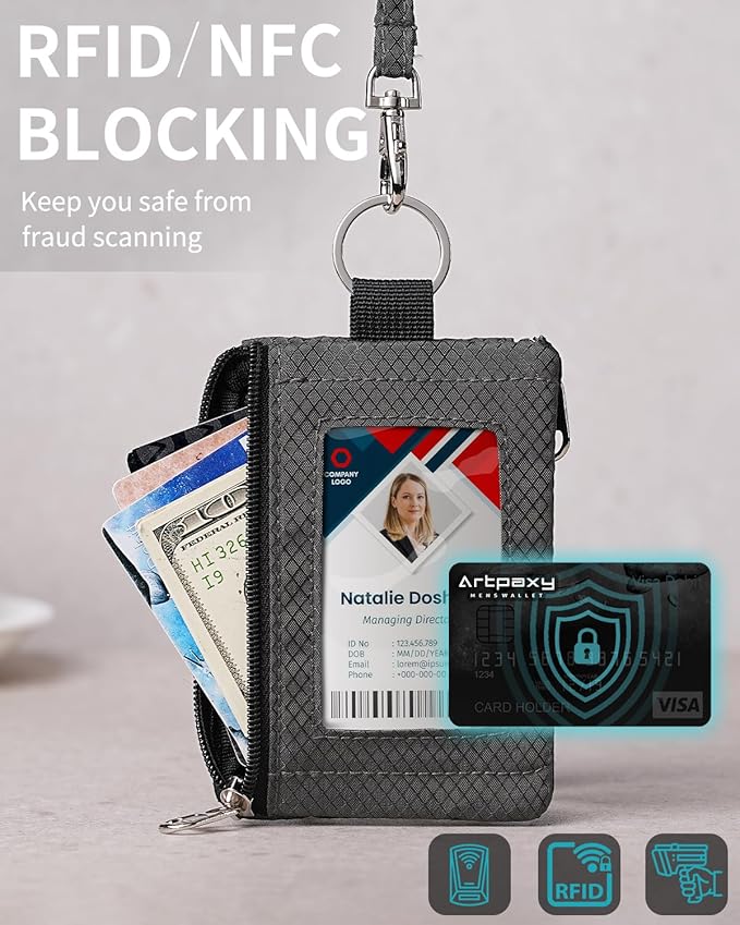 Minimalist Wallet For Mens Womens, Keychain RFID Blocking Zipper Small Wallet with ID Window 2 Lanyards,Water Resistant Travel Cash Card Coin Case Boys Girls